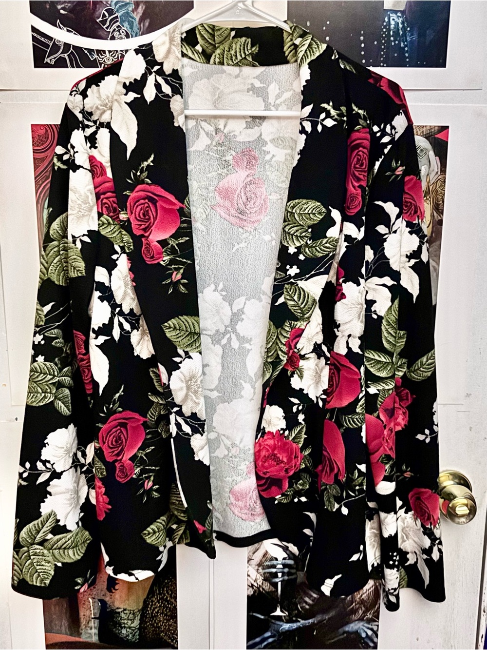 Black Floral Open-Front Blazer Jacket with Rose Print